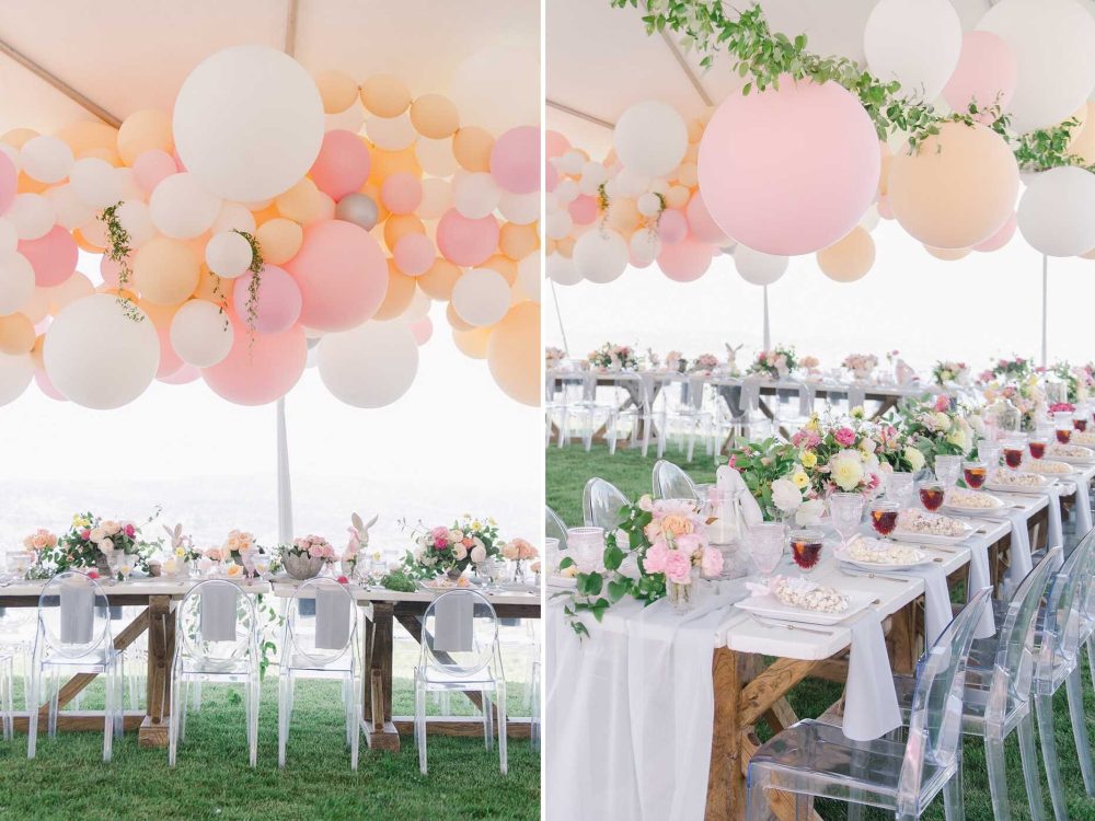 Spring wedding reception with balloons on the ceiling