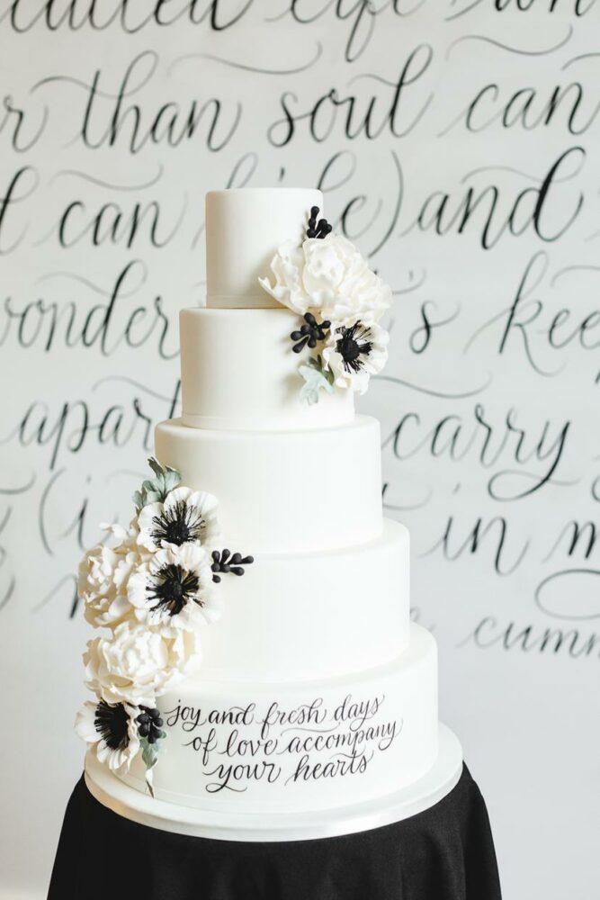 Black and white calligraphy wedding cake