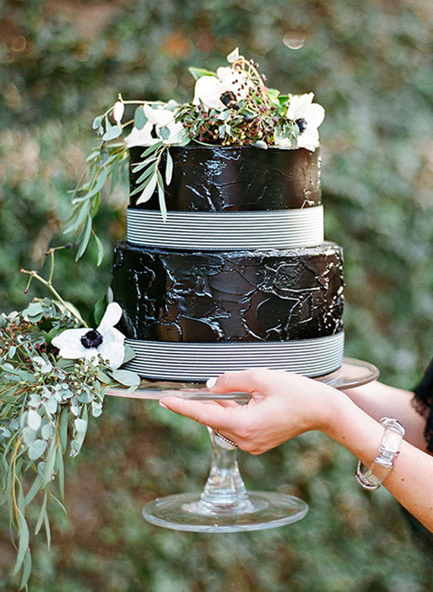 Black floral and striped wedding cake