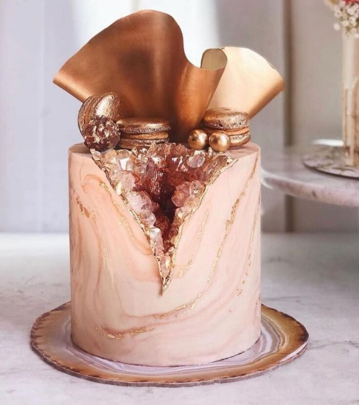 Bronze and pink geode wedding cake