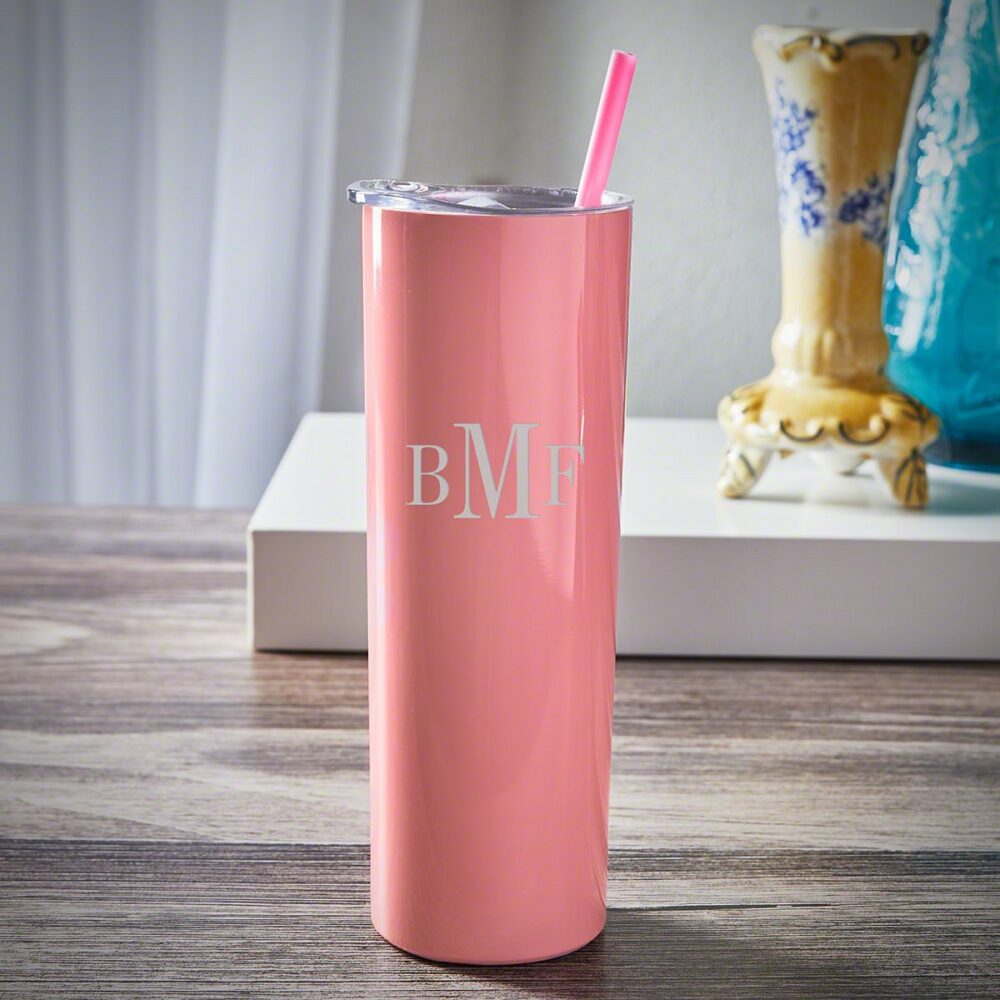 Pink monogrammed tumbler with straw