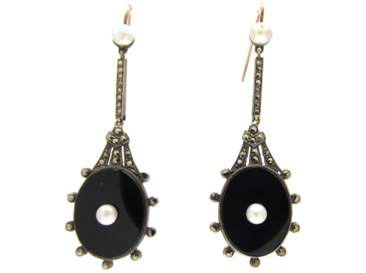 Art deco onyx pearl drop earrings