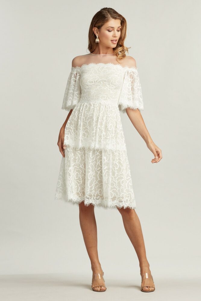Loki off-the-shoulder tiered lace dress
