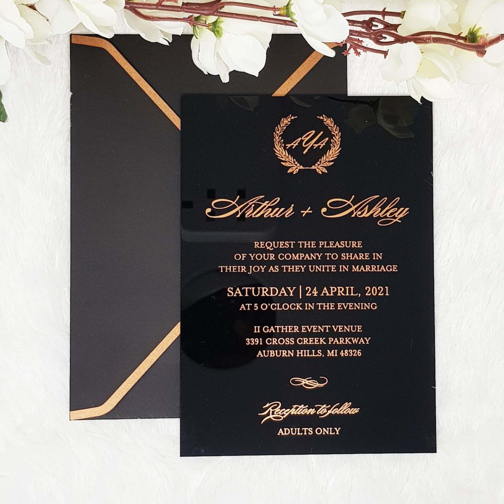 Black and rose gold wedding invitation