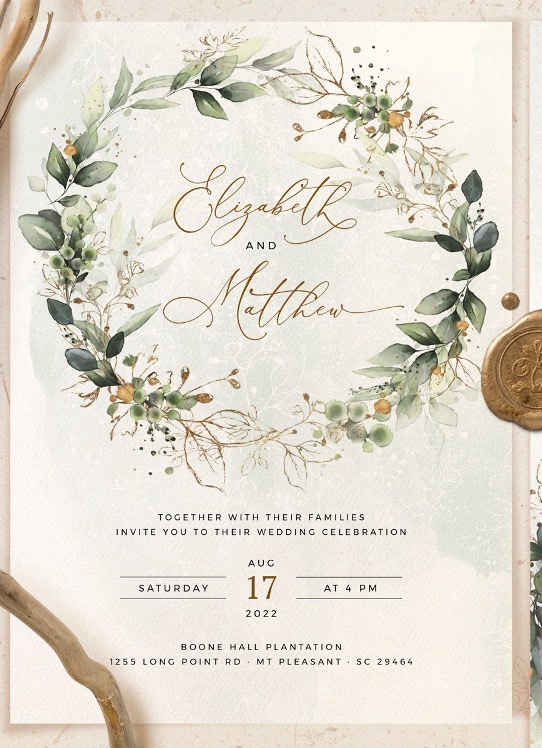 Boho wreath wedding invitation