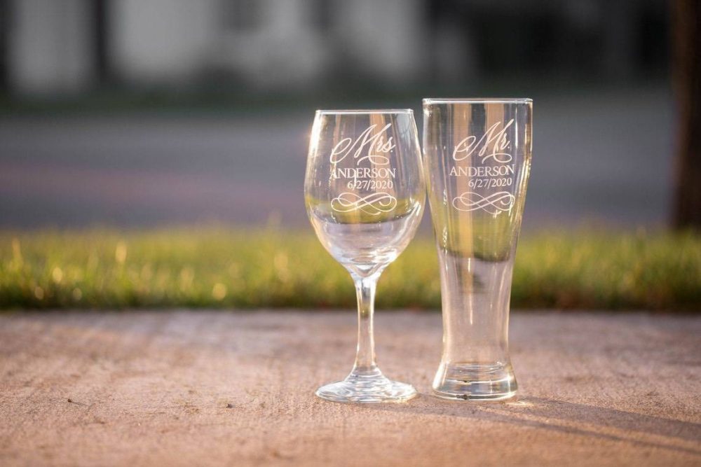 Mr and Mrs engraved wine and beer glasses