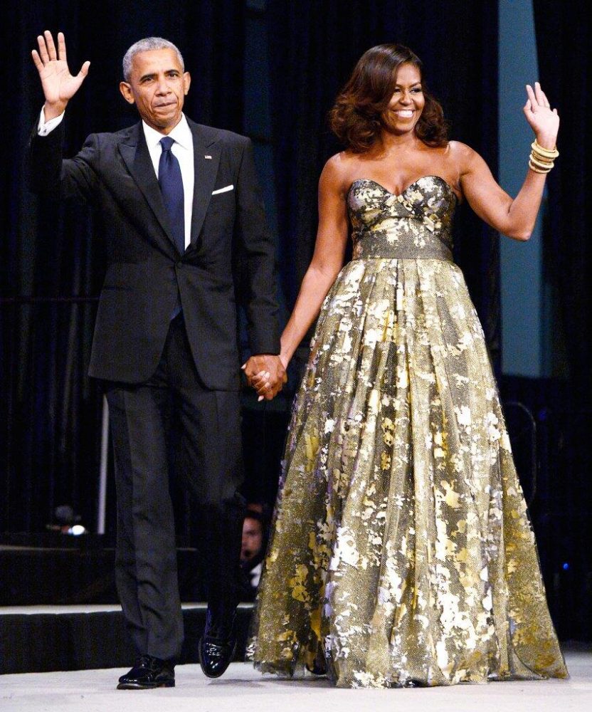 Michelle Obama in gold strapless Naaem Khan dress