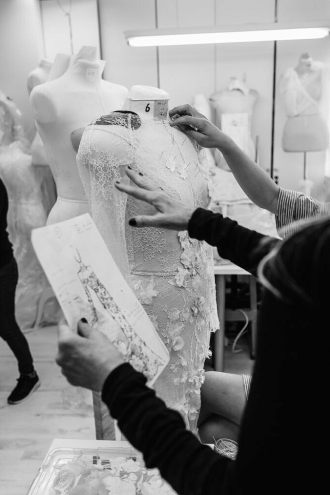 Pinning a mannequin inside the Mira Zwillinger design studio