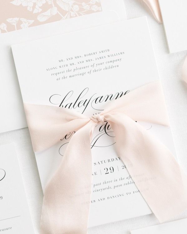 Pink silk ribbon wedding invitation
