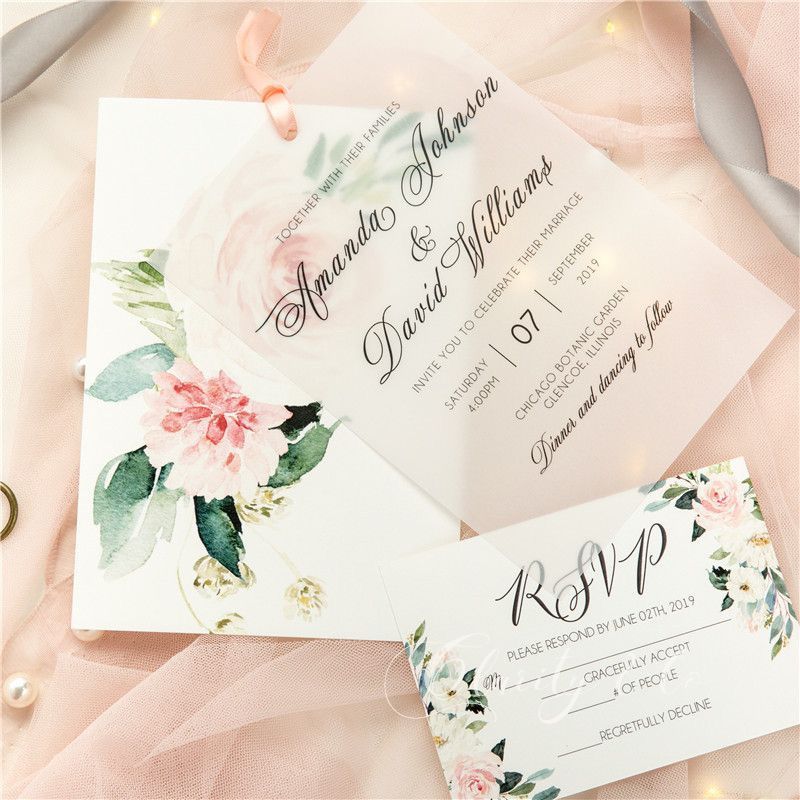 Romantic pink floral vellum invitation