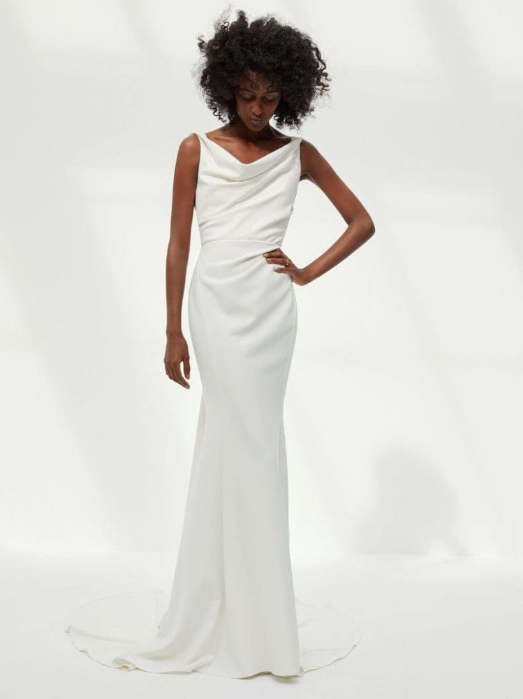 Sleek cowl-neck dress from Amsale’s Fall 2021 collection