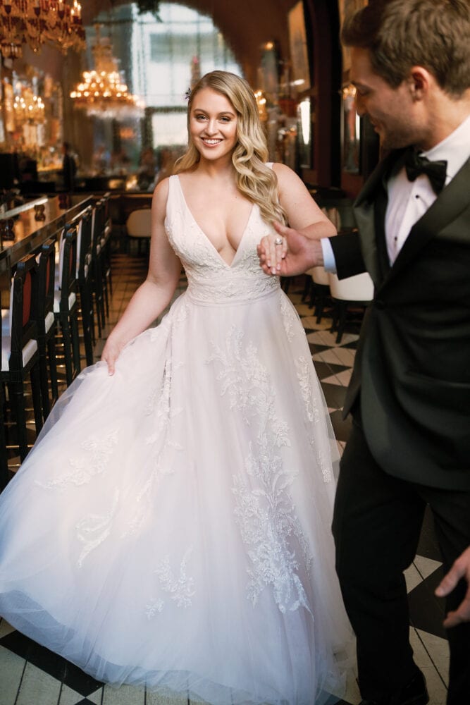 Tulle v-neck gown by Justin Alexander
