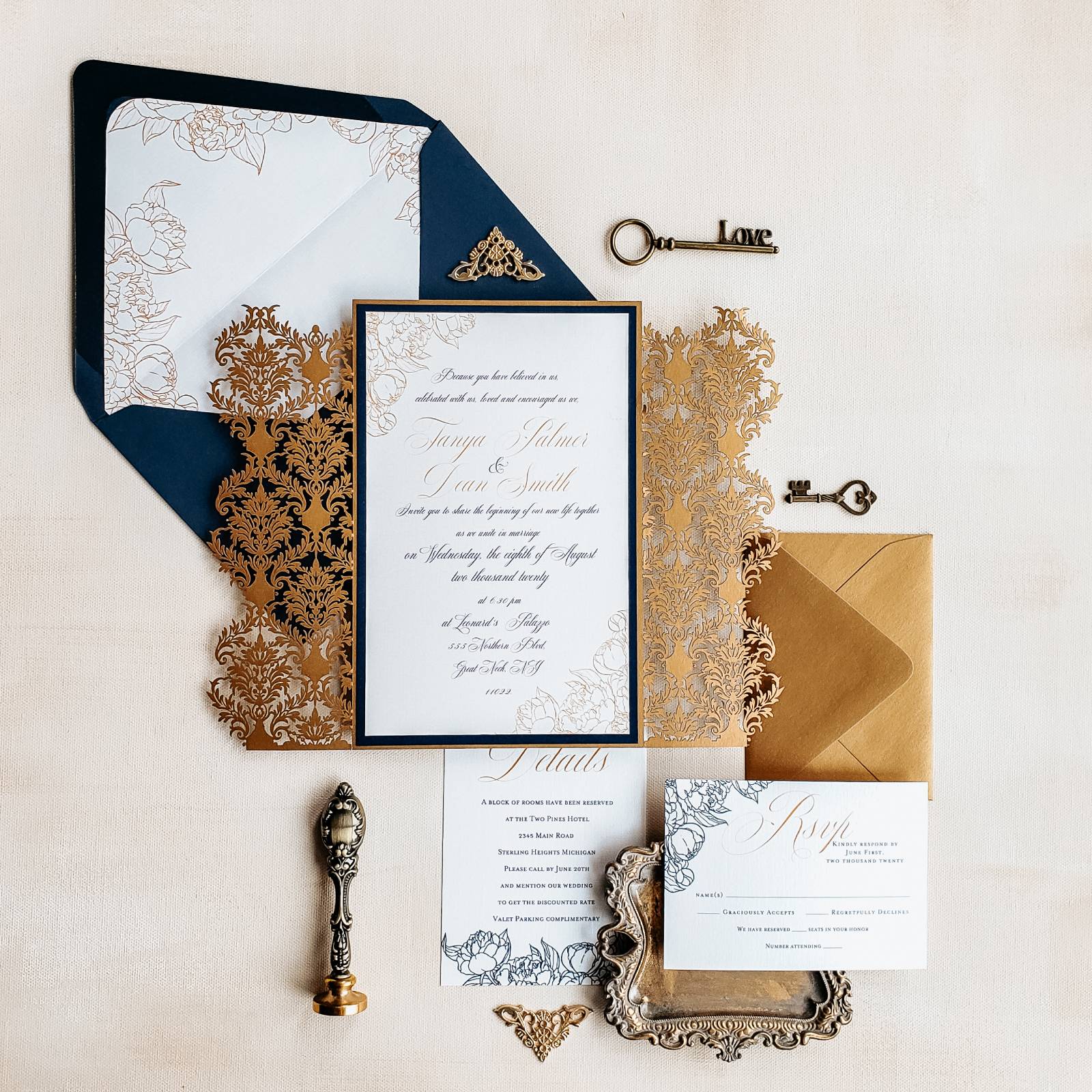 Navy and gold damask wedding suite