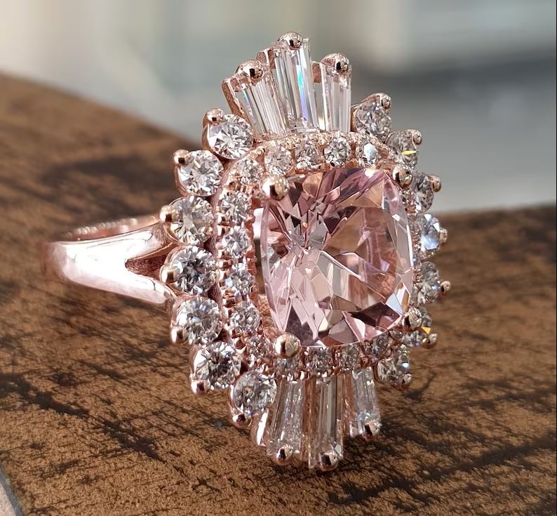 14k rose gold wedding ring with center pink morganite gemstone