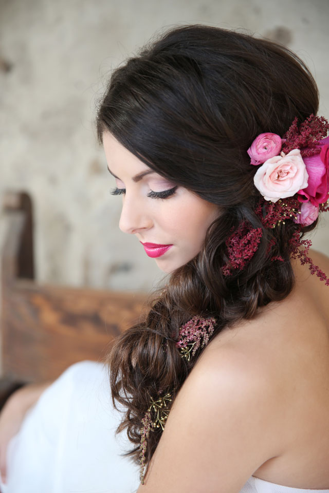 A bold fuchsia look for the bride and groom at the San Juan Capistrano Mission by Chloe Atnip Photography