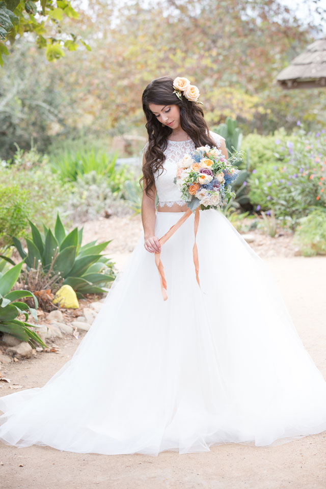 A garden glamour look for the bride and groom featuring Pantone Serenity by Chloe Atnip Photography