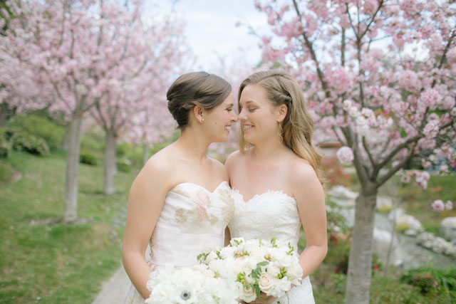A Romance in the Cherry Blossoms is a same-sex styled bridal shoot at the Japanese Friendship Garden in San Diego by heidi-o-photo