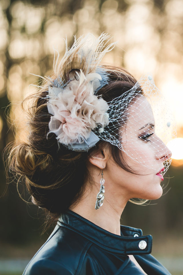 Feminine and edgy waterfall bridal portraits with a leather jacket and birdcage veil by Jessica Kait Photography