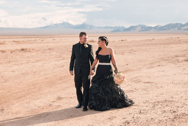 Stunning bride and groom portraits taken at the Dry Lake Bed in the Mohave Desert | Katie Brsan Photography