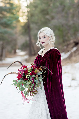 Snowy, winter Red Riding Hood inspired bridals with a gorgeous white Husky by Maura Jane Photography