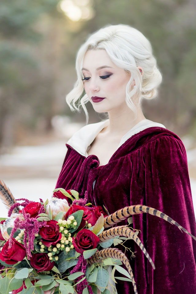 Snowy, winter Red Riding Hood inspired bridals with a gorgeous white Husky by Maura Jane Photography