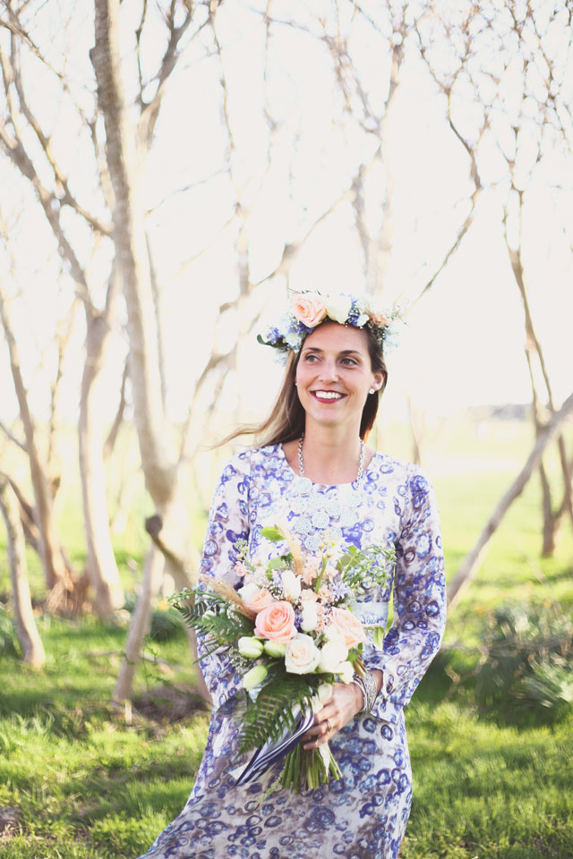 Free-spirited bohemian styled bridal portraits featuring a floral dress and Pantone's Rose Quartz and Serenity by Sarah Murray Photography