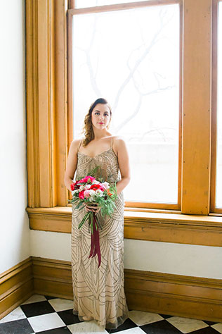 An urban watercolor elopement styled shoot with a palette of gold, pink, red and black, and a beautiful beaded gown by Allie & John Photography