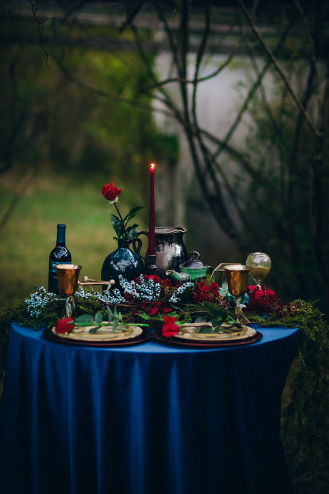 A richly hued and moody enchanted rose garden wedding styled shoot inspired by Sleeping Beauty by Amber Cather Photography