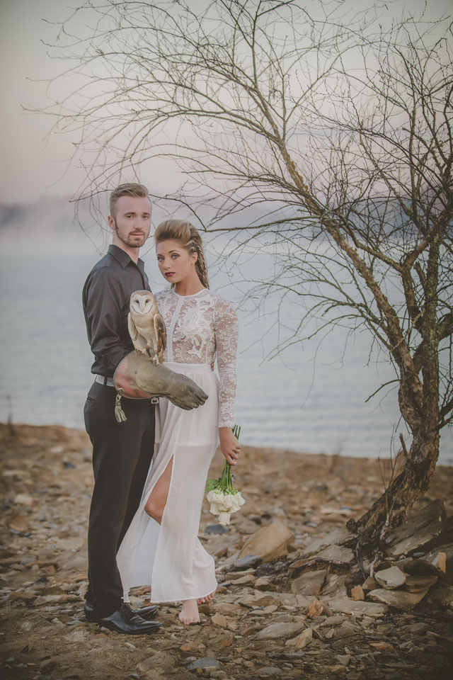 A moody and minimalist Viking wedding inspiration shoot with a white barn owl by Amber Cather Photography