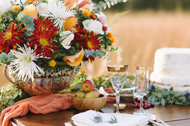 A golden autumn tablescape design with rustic elements and fall fruits in a beautiful field at sunset by Aperture Vision Photography
