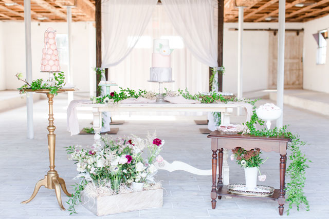 A modern barn wedding inspiration shoot with light and airy details and a palette of blush, white, gray and cream by Bethanne Arthur Photography