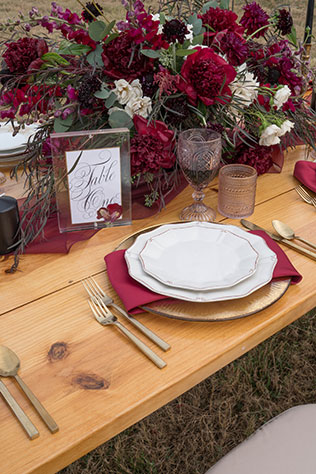 A rustic styled shoot celebrating romance at Willow Pond with a maroon and plum palette by Brilliant Captures and Married by Medicine
