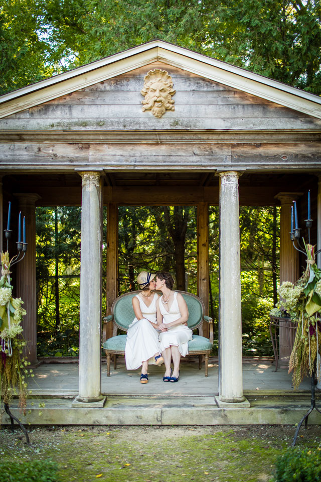 A same-sex wedding inspiration shoot in a beautiful, formal English tea garden in Minneapolis | Carina Photographics: http://carinaphotographics.com
