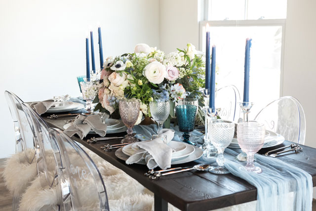 A stunningly romantic powder blue styled shoot with ghost chairs, gorgeous calligraphy, luscious florals and the cutest bulldog ever by Christine Chang Photography and Skybox Event Productions