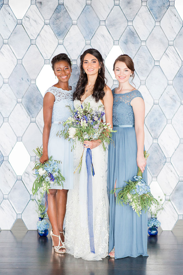 A stunning, monochromatic dreamy ice blue wedding inspiration shoot inspired by David Bridal's Fall 2017 collection, designed by Aisle Society and photographed by Cassi Claire