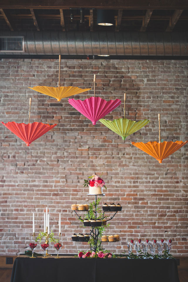 Colorful and whimsical Ever After Land wedding inspiration featuring parasols, glitter and an amazing dessert display | Defined Image Photography | Eventful Rental