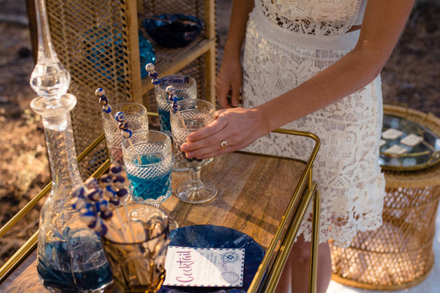 An indigo and gold travel themed bohemian forest wedding inspiration shoot in Truckee by Elsa Boscarello Photography and POP Event Rentals & Designs