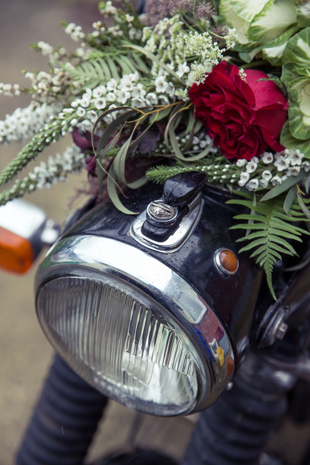 A moody yet elegant rebel wedding inspiration shoot in Portland with leather and a motorcycle by Jenna Saint Martin Photo and Bramble Floral Design