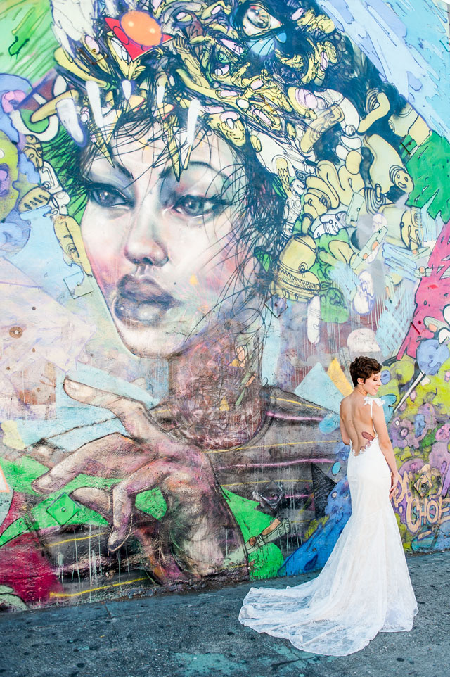 A bridal inspiration shoot featuring Claire Pettibone gowns against a colorful street art background | Kara Cooper Photography: http://www.karacooperweddings.com
