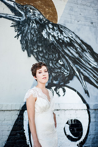 A bridal inspiration shoot featuring Claire Pettibone gowns against a colorful street art background | Kara Cooper Photography: http://www.karacooperweddings.com