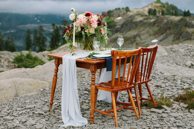 A moody mountain elopement styled shoot at Artist Point with blackberries, a floral crown and an intimate table setting by Karissa Marie Photography