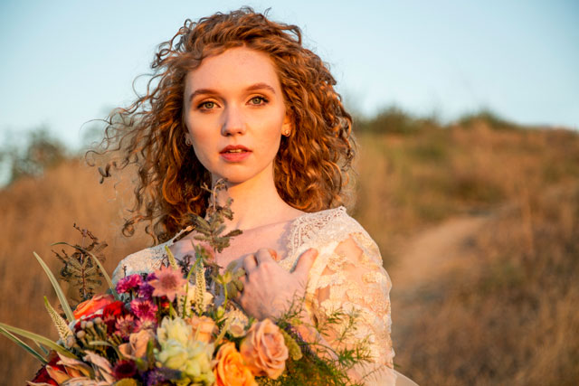 A sun-kissed golden hour bridal inspiration shoot with a coppery dress and protea bouquet | Kelsey Fugere: http://www.kelseyfugere.com | Diana Sabb Events & Designs: http://www.dianasabb.com