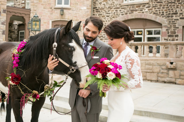 A romantic and elegant equestrian wedding inspiration shoot at Highlands Ranch Mansion with gold accents and pops of fuchsia by Kristina Lynn Photography & Design