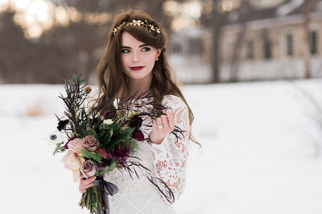 A moody and dark winter wedding inspiration shoot in Ottawa by Lace & Luce Photography and Partner Weddings & Events