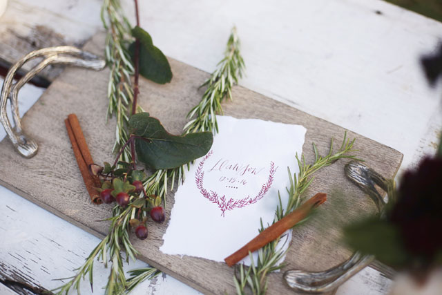 Elegant, wintry evergreen wedding inspiration featuring modern calligraphy and a palette of burgundy, gold and pine green | Lucy Steiner Photography: http://www.lucysteinerphotography.com