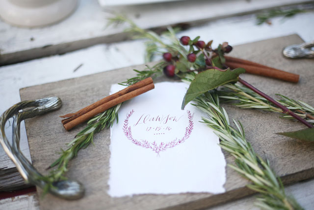 Elegant, wintry evergreen wedding inspiration featuring modern calligraphy and a palette of burgundy, gold and pine green | Lucy Steiner Photography: http://www.lucysteinerphotography.com