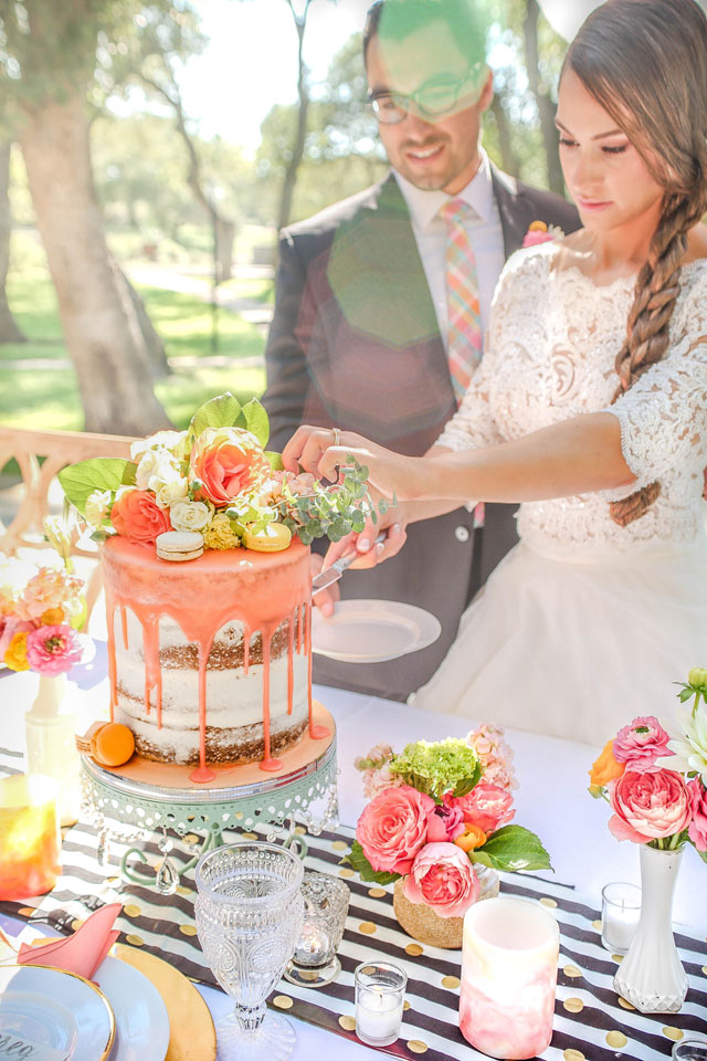 Black and white stripes, gold glitter and pops of bold color are all the makings of a whimsical Kate Spade inspired styled shoot by Lyndsay Lyon Photography