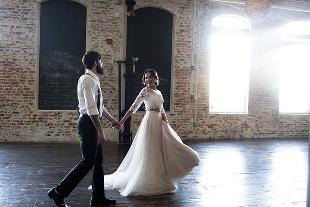 A moody and artistic wedding inspiration shoot at a restored gym and art gallery by Melissa Xenakis Photography