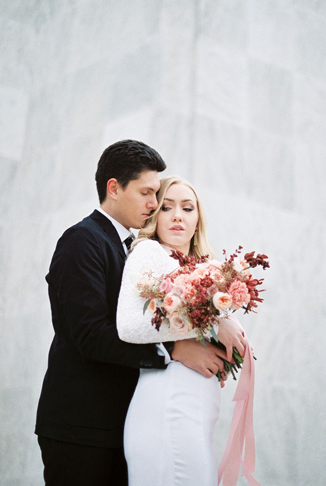 A lovely wedding styled shoot on film featuring a marble and rose theme by Mylyn Wood Photography
