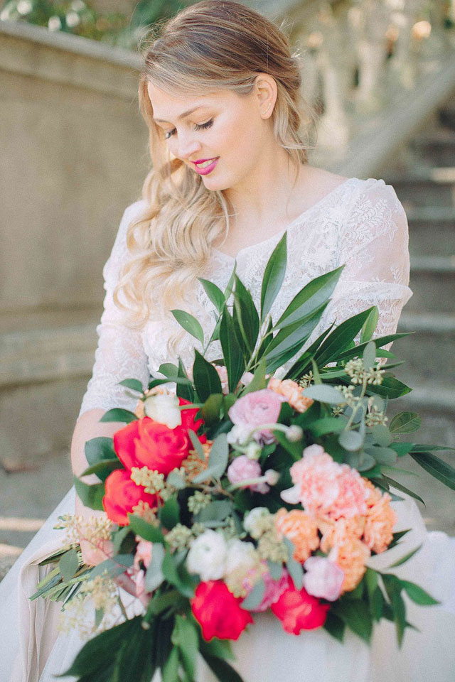 An enchanted peche (peach) wedding styled shoot with a warm spring palette of blush, peach and green by Poetry and Paper